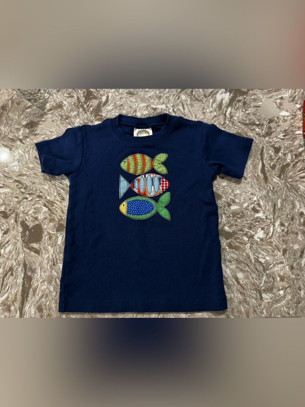 Blanks Boutique Fish Appliqué patchwork Navy 4T short sleeve shirt toddler boys